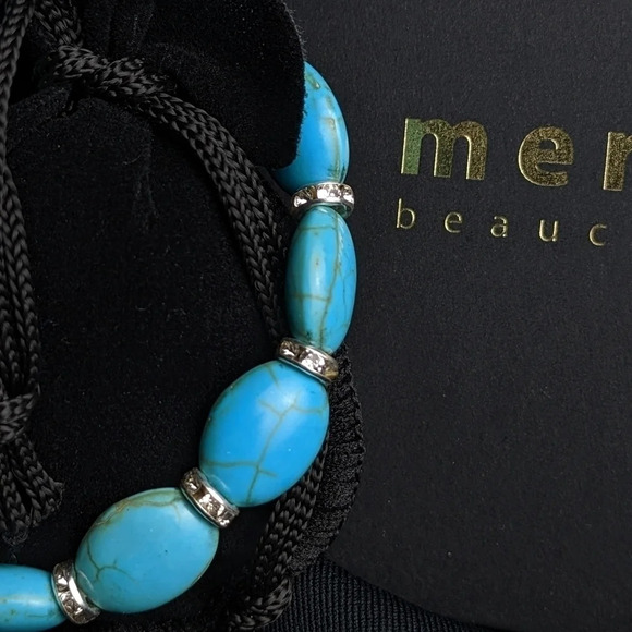 Pretty faux turquoise color beaded bracelet with CZ, oblong shape beads - Picture 4 of 10